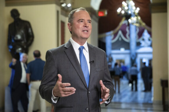 Rep. Adam Schiff (D-Calif.) gives an interview at the U.S. Capitol after House votes July 18, 2023. (Francis Chung/POLITICO via AP Images)