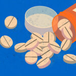 The opioid epidemic. American people deadly addiction. Orange opioid pill bottle.
