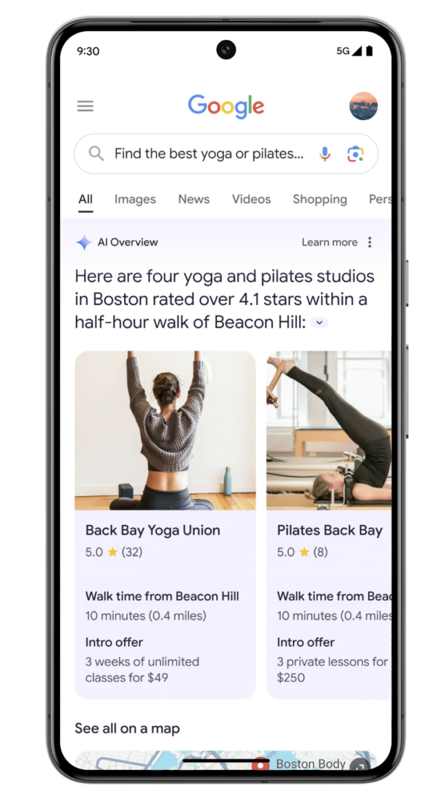 Google IO example of an AI overview where there is a search for a yoga center.