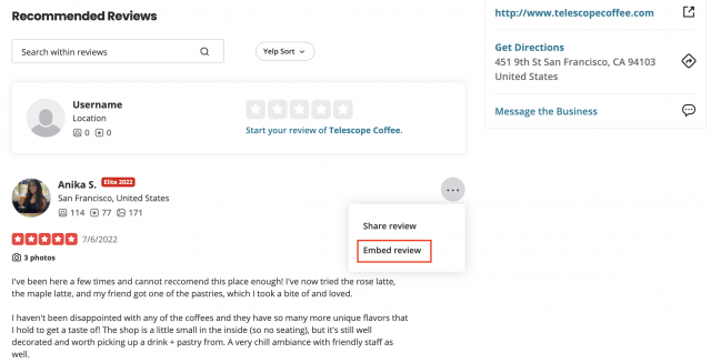 Yelp reviews embed reviews